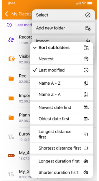 My places tracks sort function iOS