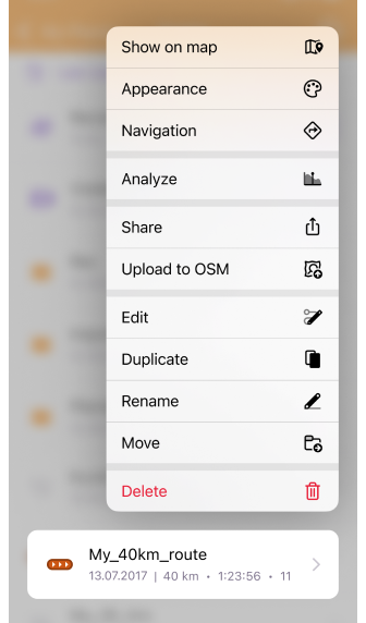 Context menu of a track in iOS