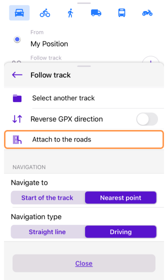 Pantalla de navegación por pista iOS