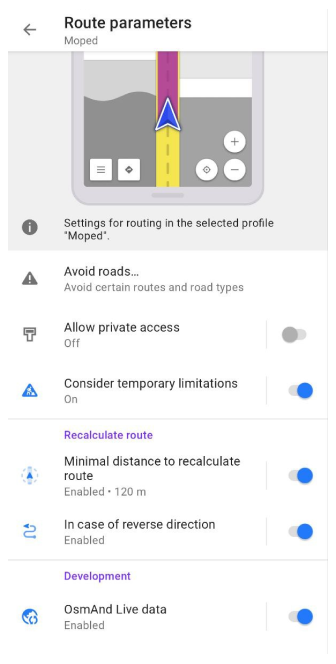 Configuración de ruta para ciclomotores Android