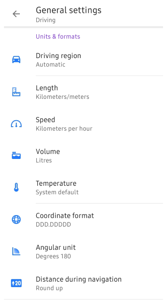 Perfiles Ajustes generales Unidades y formatos Android