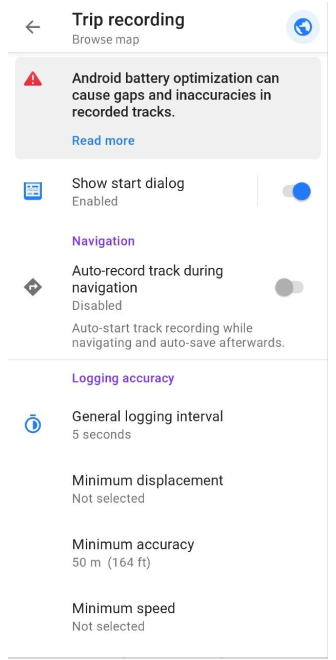 Configuración de la grabación de viajes en Android