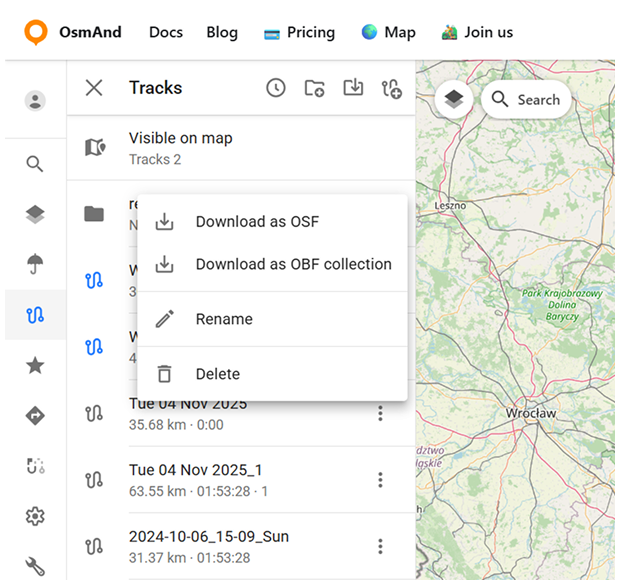 Menu du dossier de traces