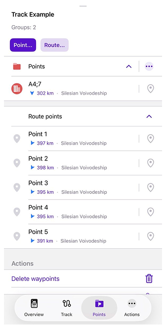 Points du menu contextuel de la trace iOS