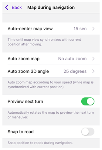 Schermata della mappa durante la navigazione