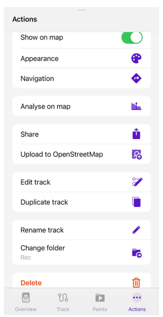 Opzioni menu traccia Android