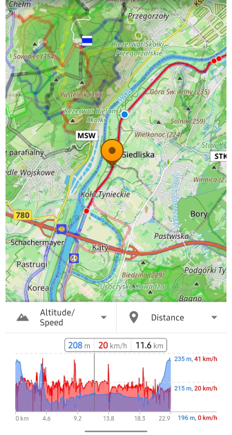 Menu śladu analizuj na mapie odległość Android