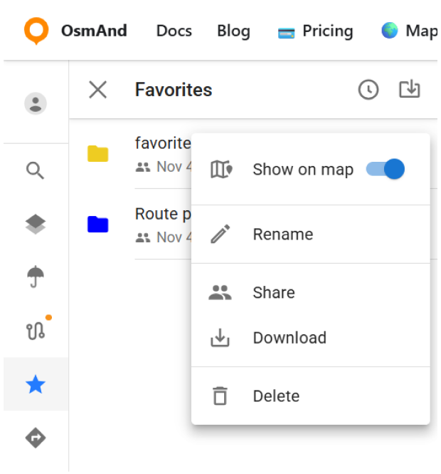 Edycja ulubionych w chmurze OsmAnd Web