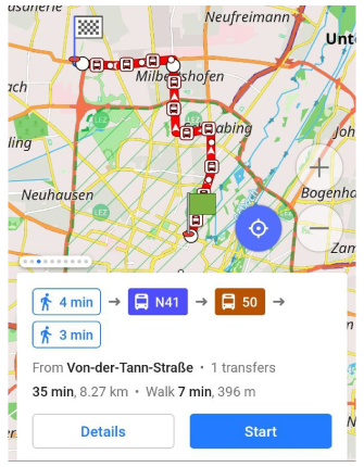 Szczegóły nawigacji transportem publicznym Android