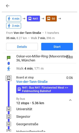 Lista przystanków nawigacji transportem publicznym Android