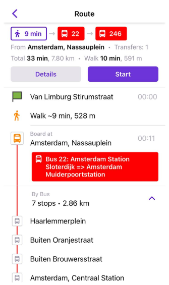 Lista przystanków nawigacji transportem publicznym iOS