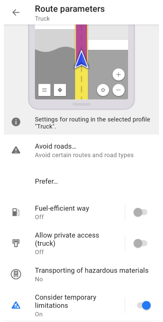 Ustawienia wyznaczania trasy dla ciężarówki Android 2