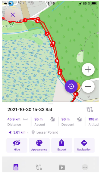 Ekran statystyk ścieżki iOS