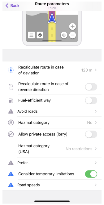 Ustawienia wyznaczania trasy dla ciężarówki iOS 2