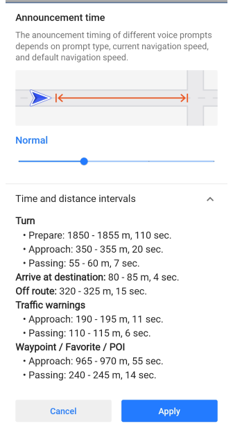 Czas ogłoszeń nawigacji głosowej Android