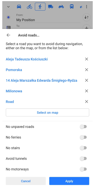 Menu evitar estradas Android