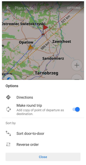 Opções de planejamento de rota de marcadores de mapa Android