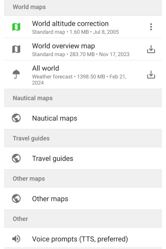 Menu de download de mapas Android
