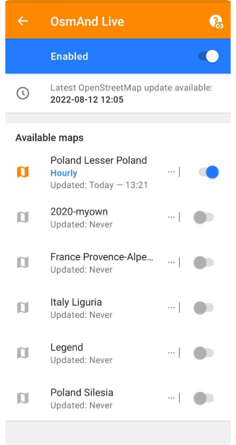 Menu de mapas OsmAnd live Android