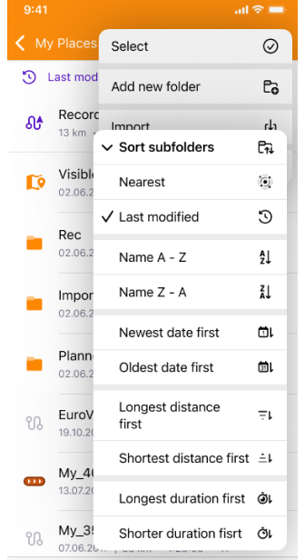 Função de classificação de trilhas em Meus Lugares iOS