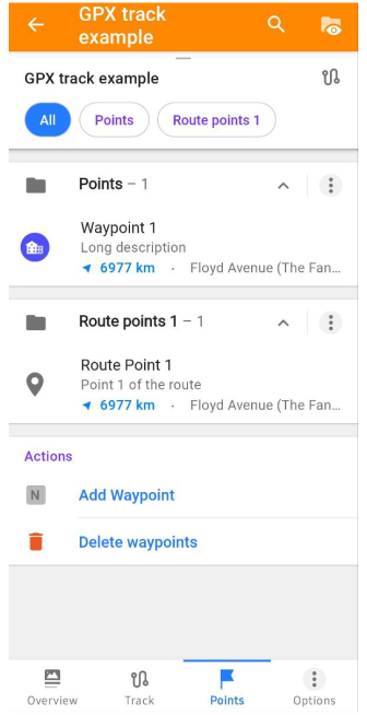 Menu de contexto da trilha Pontos Android
