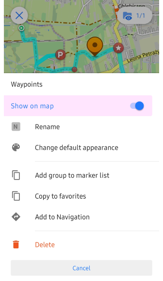 Menu de grupo da trilha Android