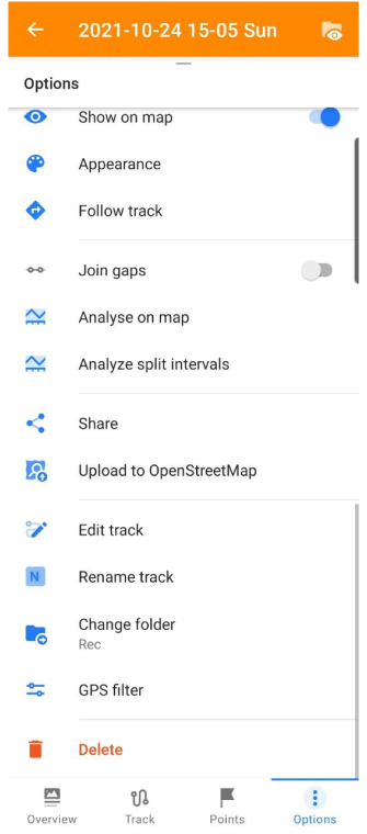 Opções do menu da trilha Android