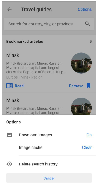 Menu de opções de guias de viagem