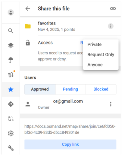 OsmAnd Web bulut Favoriler paylaş
