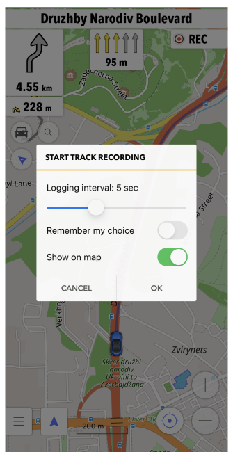 Seyahat kaydını başlat iOS